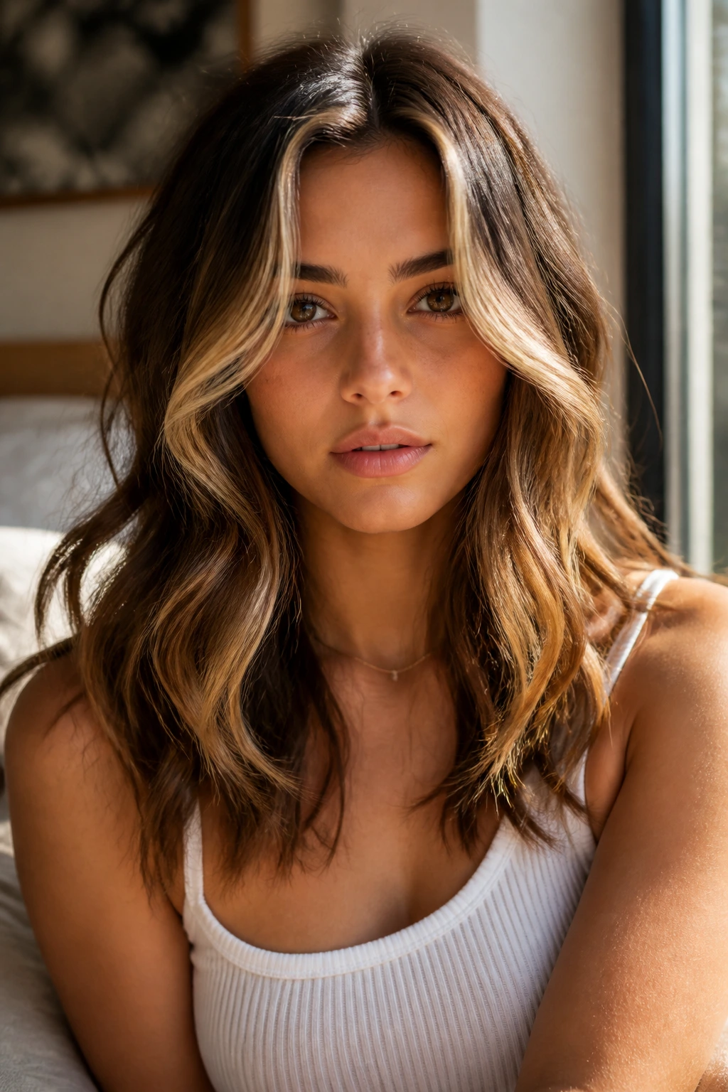 Buttery honey face-framing highlights on wavy brunette
