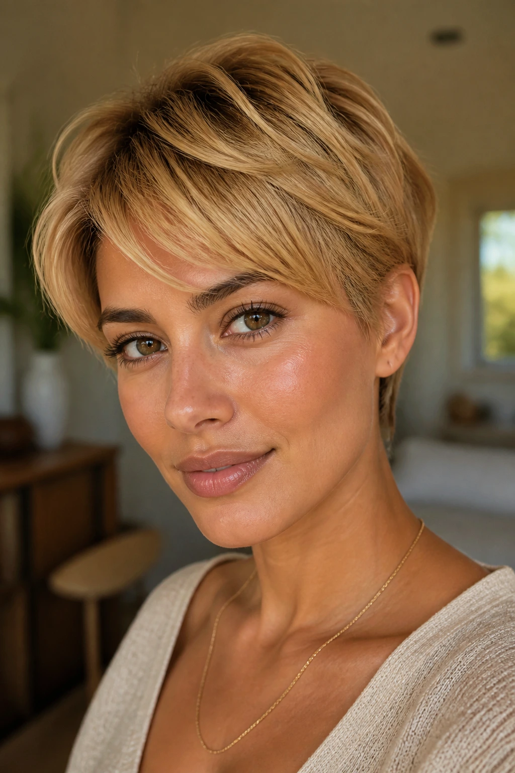 Close-up portrait of a real woman with a buttery honey pixie with long top layers on olive skin under warm light