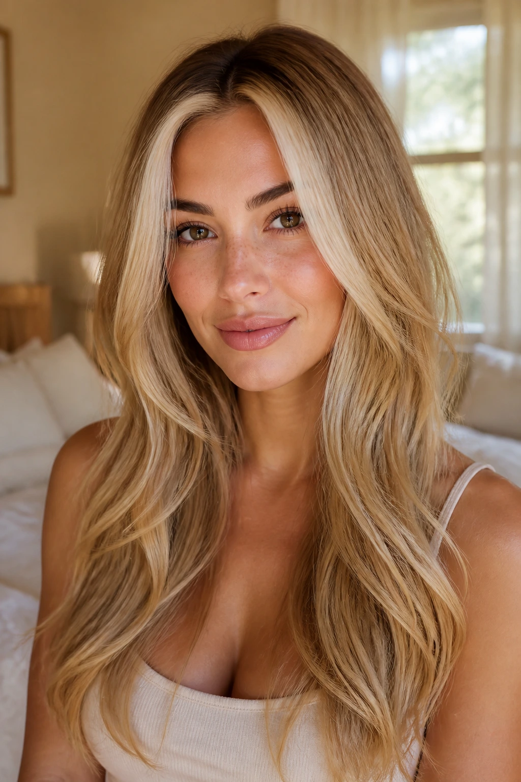 Close-up portrait of a warm-skinned woman with a buttery money piece on long layers.