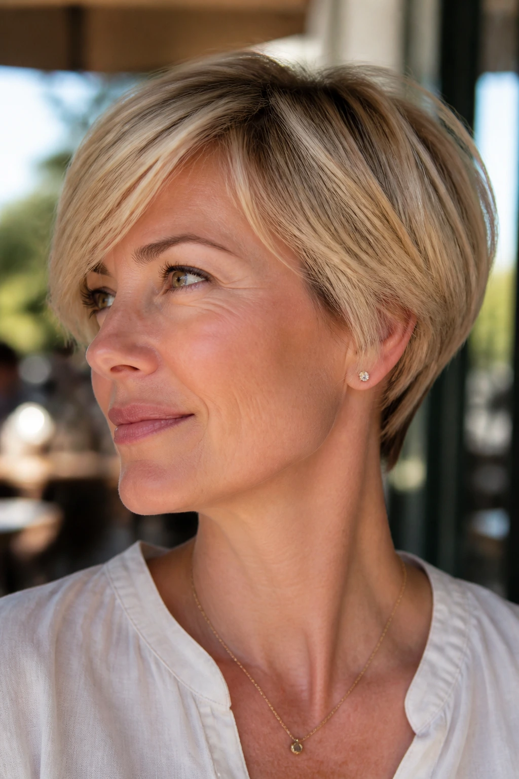 Portrait of a real woman with a buttery blonde pixie bob and tucked nape