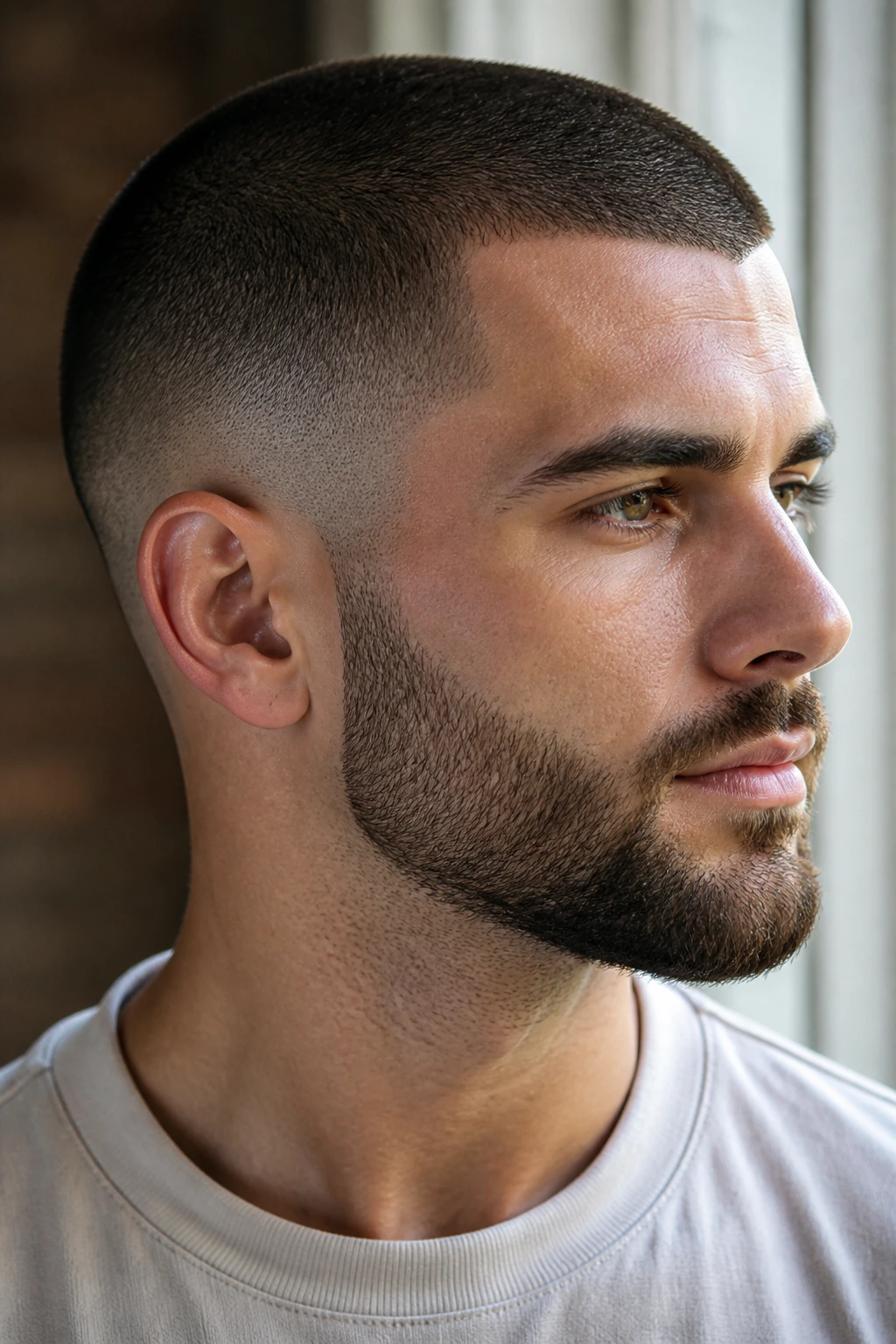 Close-up portrait of a man with buzz cut and beard fade connection