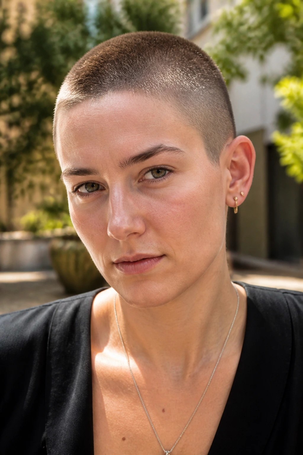 Close-up of a real person with a clean-lined buzz cut and visible scalp