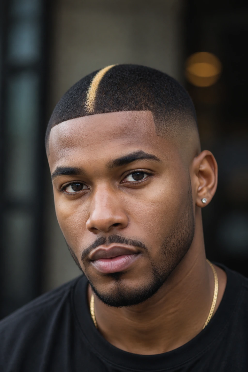 Close-up of a Black man with a buzz cut and a front color stripe.