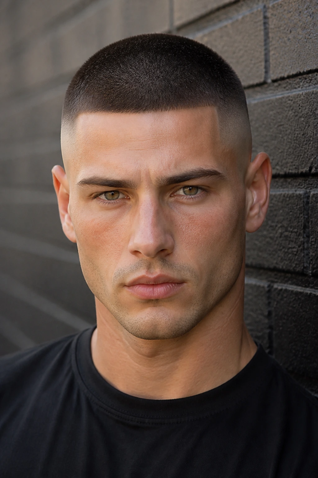 Close-up of a man with a buzz cut and skin fade