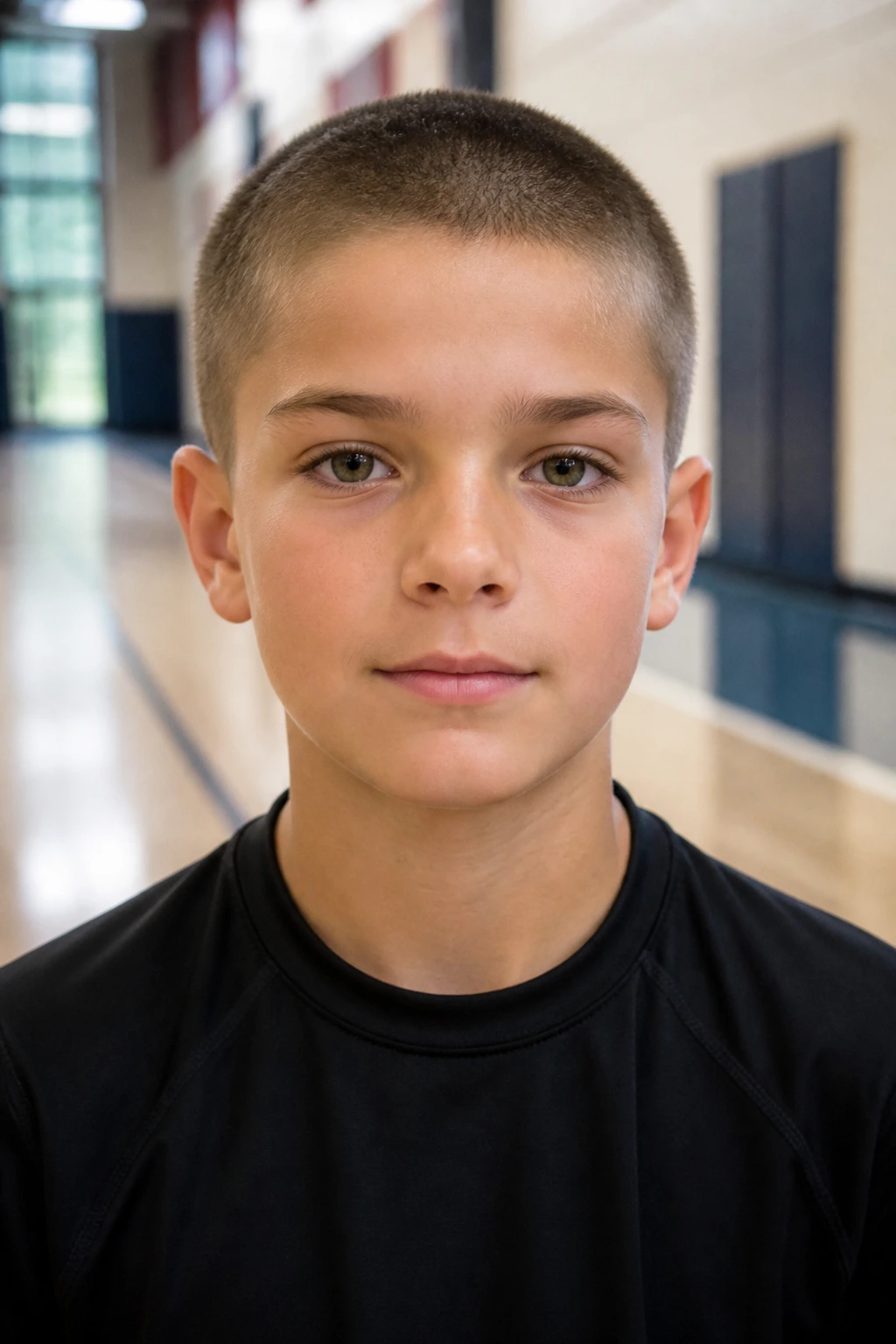 Close-up of a boy with a classic buzz cut in a bright setting