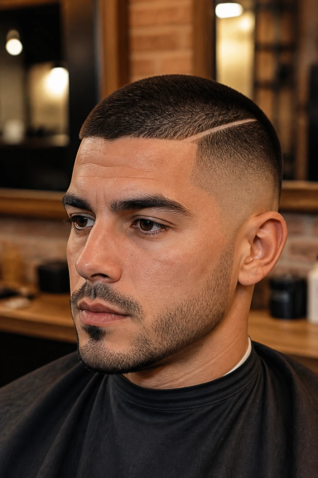 Close-up portrait of a man with buzz cut, hard part and taper fade