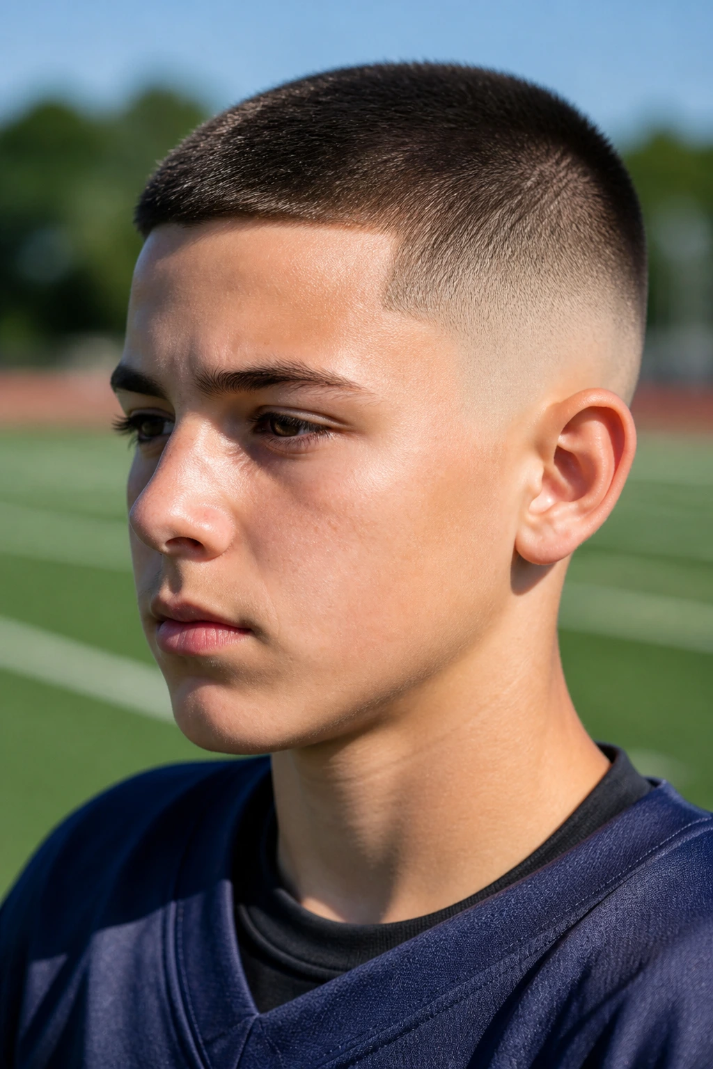 Close-up of a real boy with buzz cut and high fade.