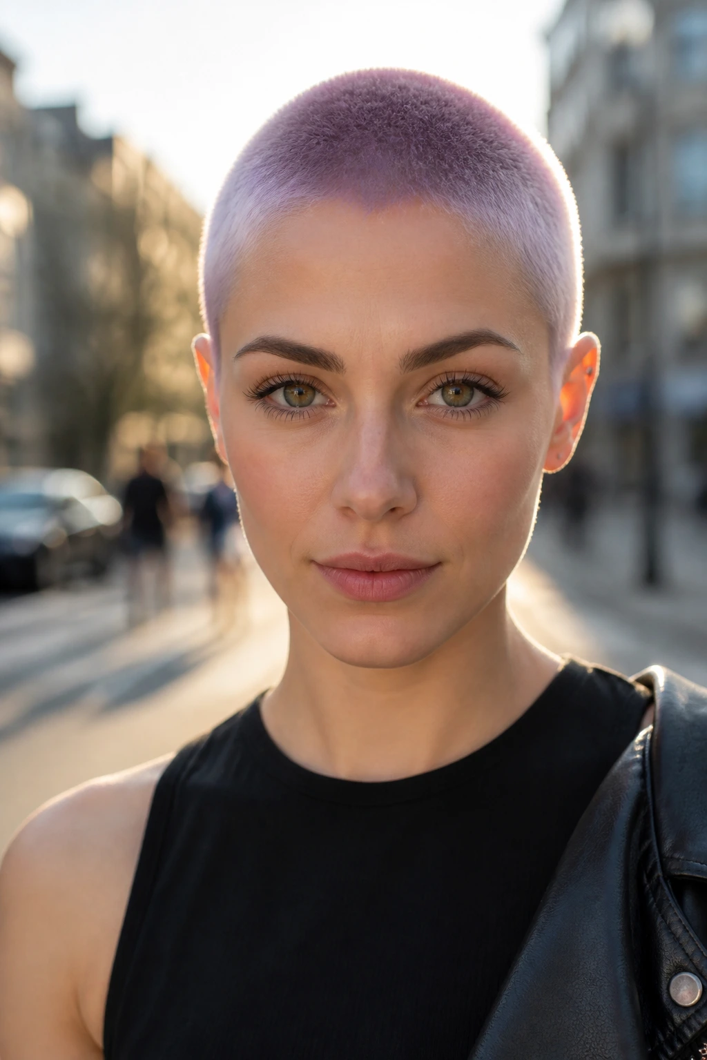 Close-up of lavender-tinted buzz cut on a real person in outdoor light.