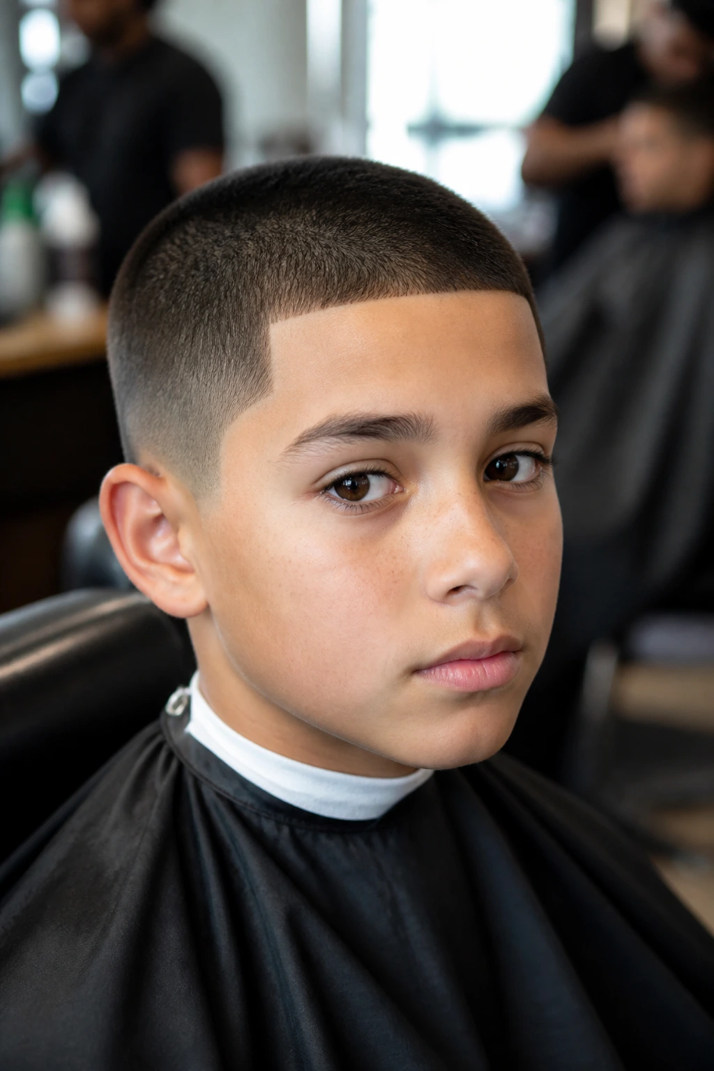 Close-up of a boy with a buzz cut and sharp line-up in a barbershop