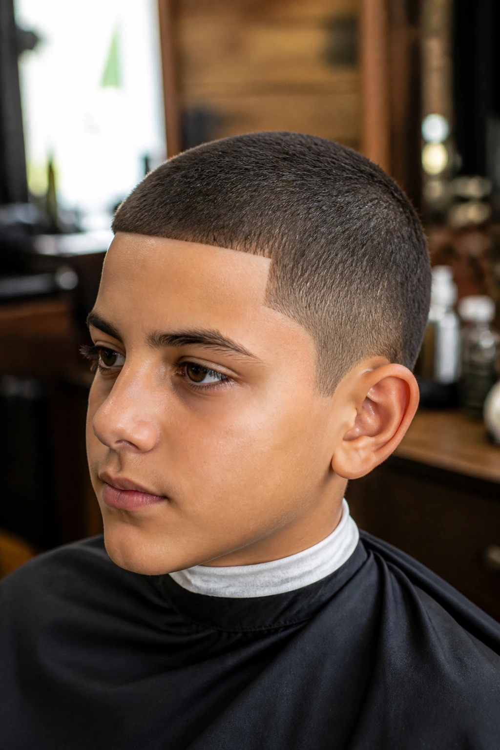 Close-up of a real boy with a buzz cut and clean line-up in a barbershop.
