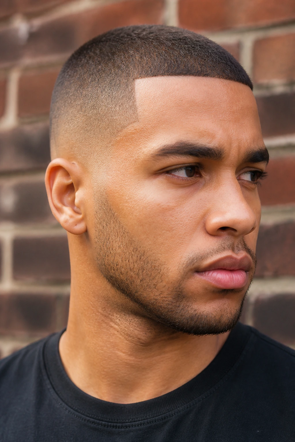 Close-up of man with buzz cut and sharp line-up against brick wall