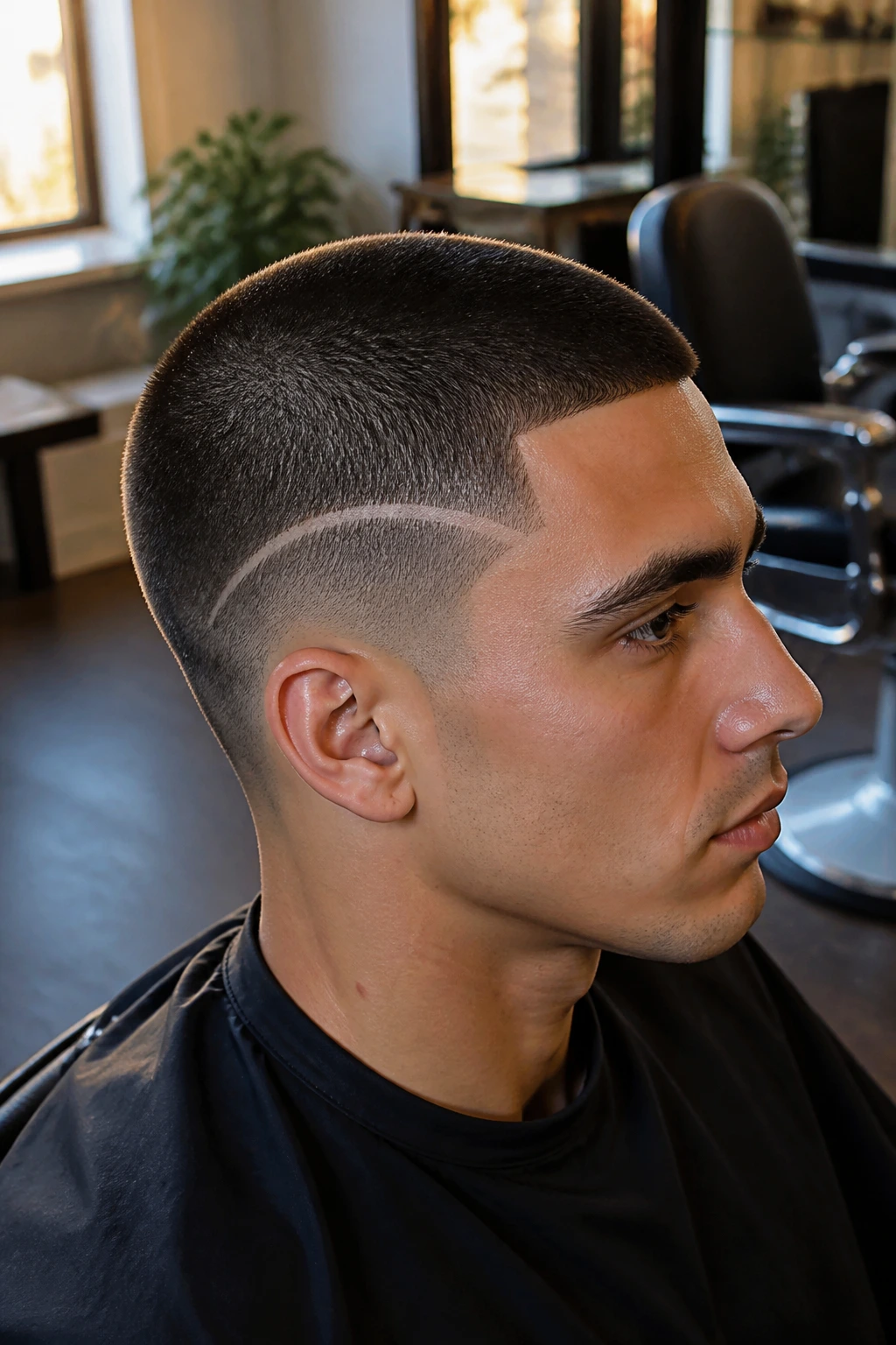 Close-up portrait of a man with a shaved design buzz cut and low taper