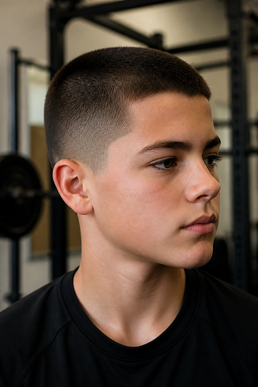 Boy with buzz cut and tapered neckline.