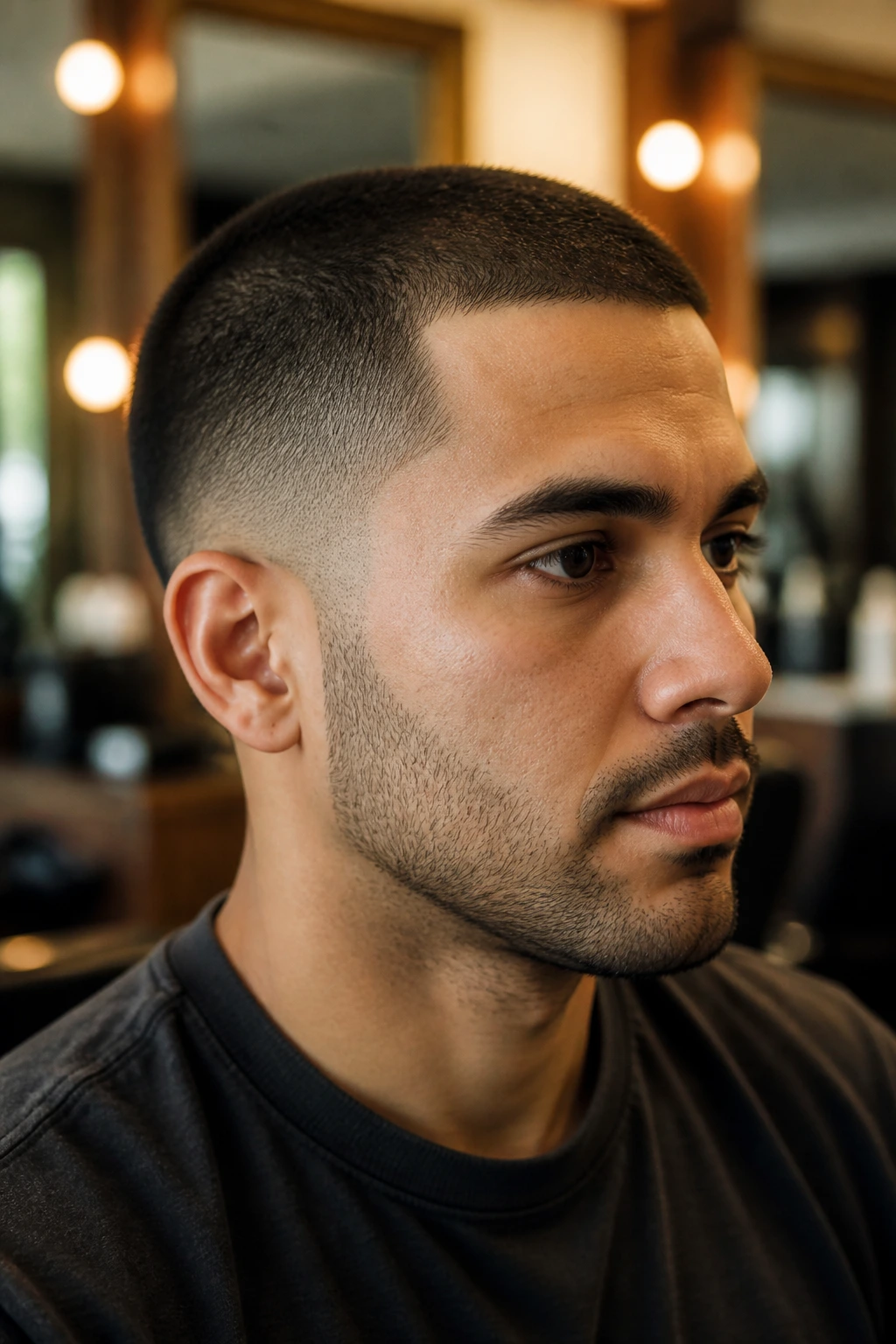 Close-up portrait of a man with a buzz cut and taper fade in a barbershop.