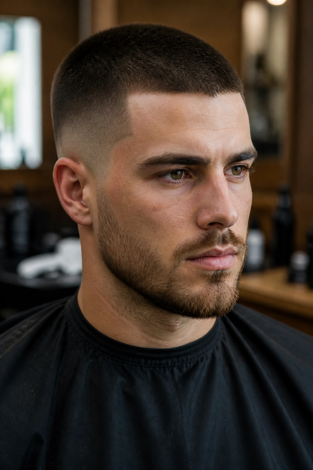 Close-up of a man with a buzz cut and taper fade in a barber shop.