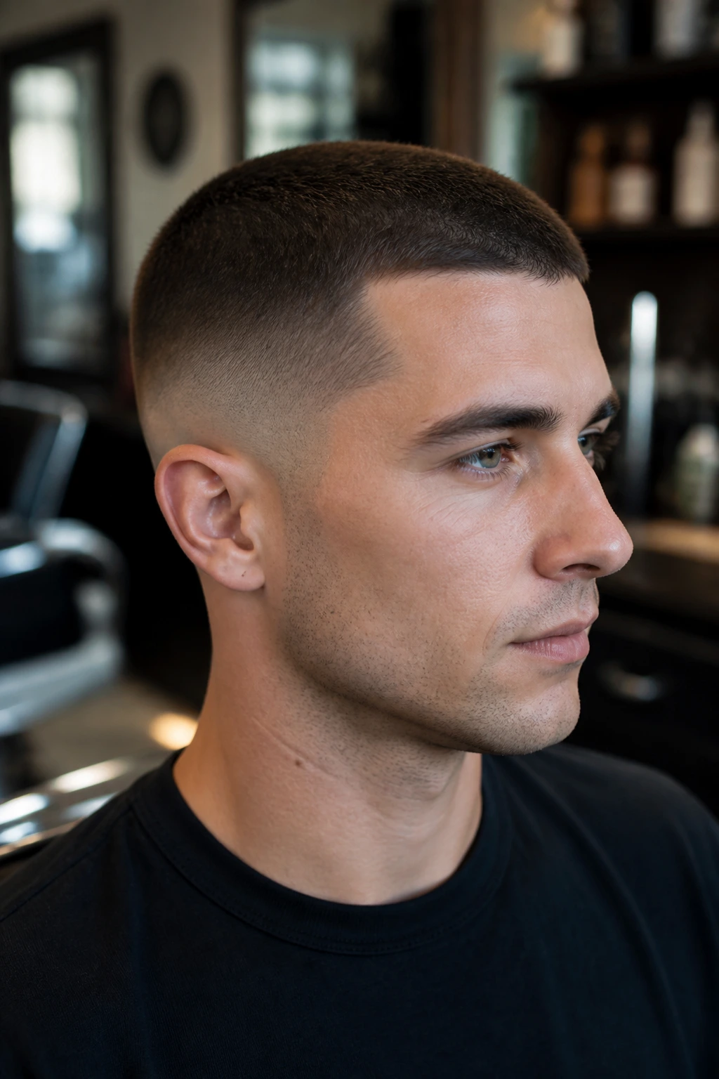 Portrait of man with buzz cut and taper fade