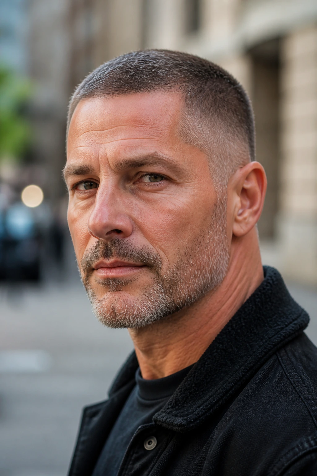 Man with buzz cut and tapered temples in urban daylight