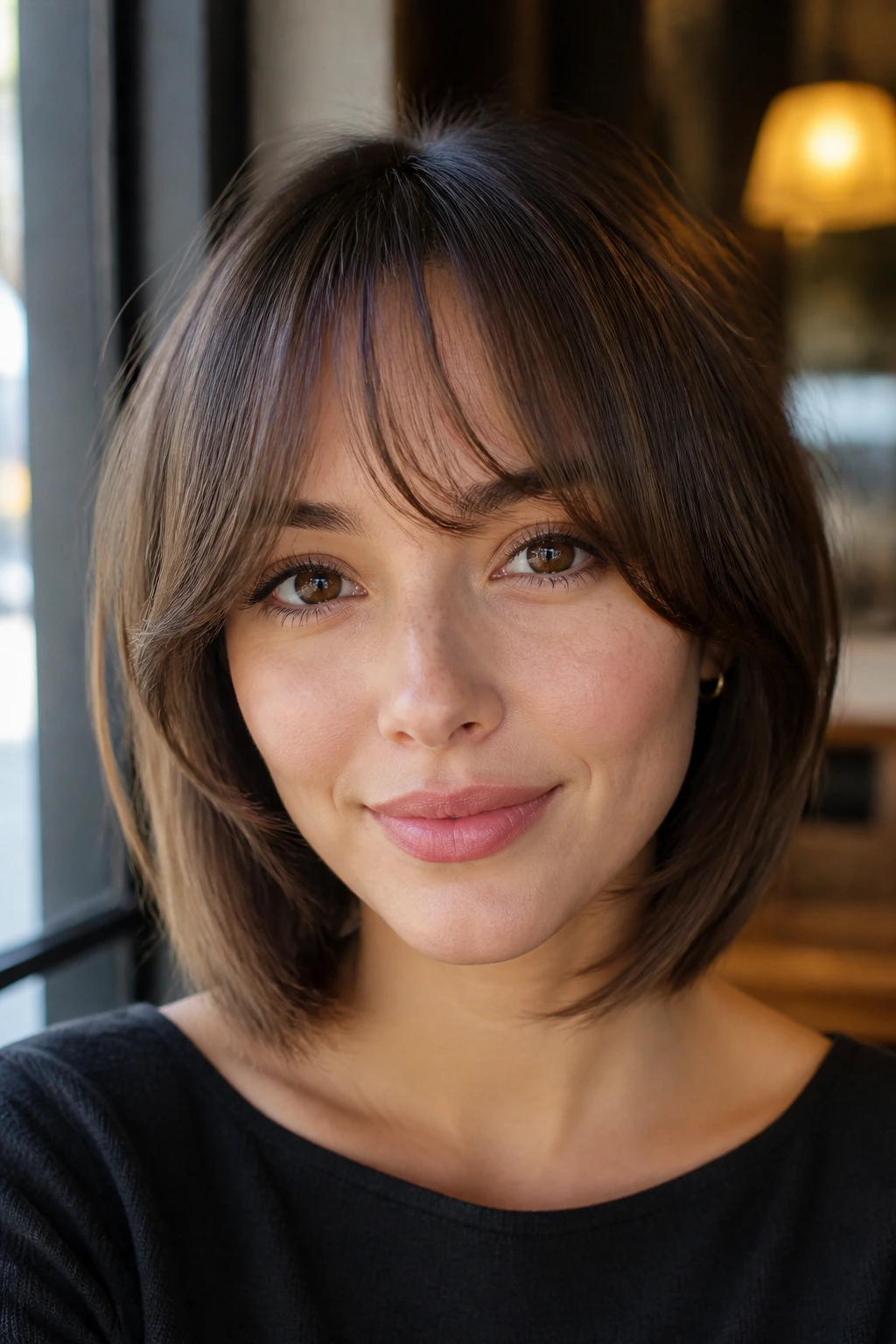 Close-up of a real woman with inward-curving C-Curl bangs