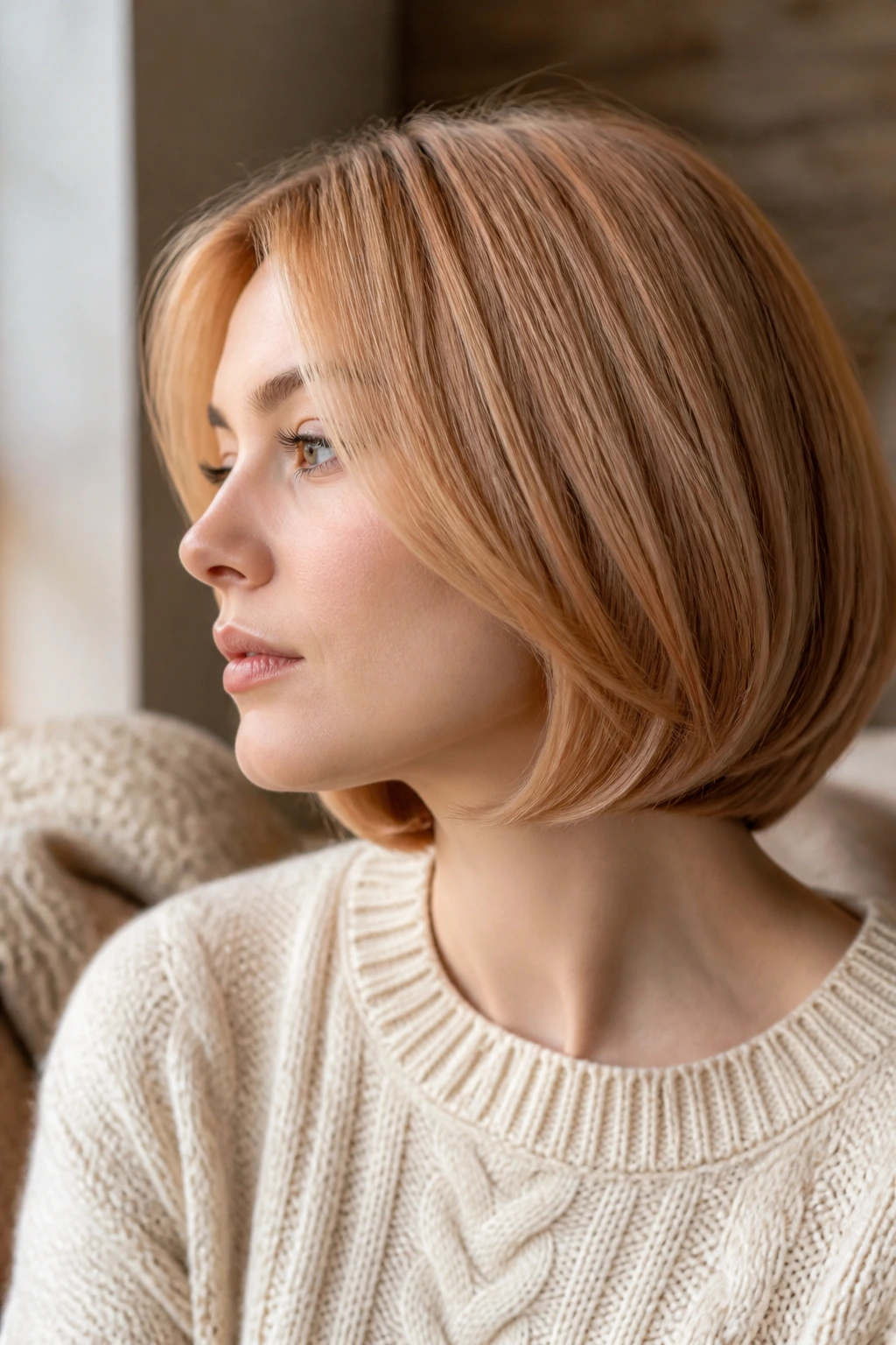 Close-up portrait of a real woman with a C-Curl bob hugging the neck in strawberry blonde