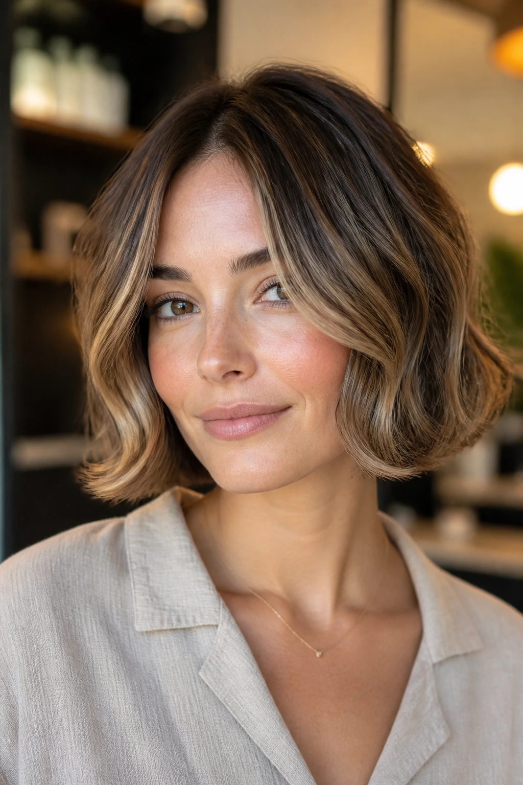 Portrait of a woman with a C-curl bob and face-framing pieces