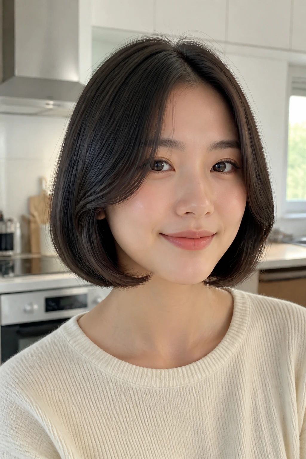 Portrait of a woman with a C-curl bob and rounded inward ends.