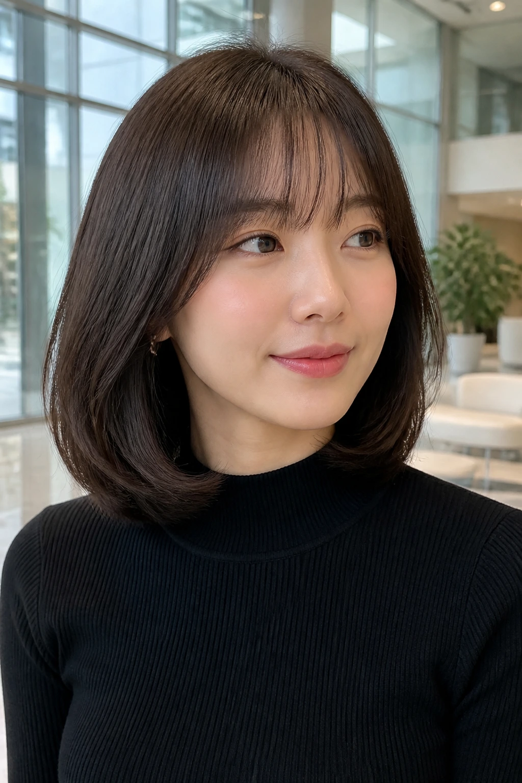 Close-up portrait of a real woman with a C-curl lob and brow-skimming bangs in an office lobby