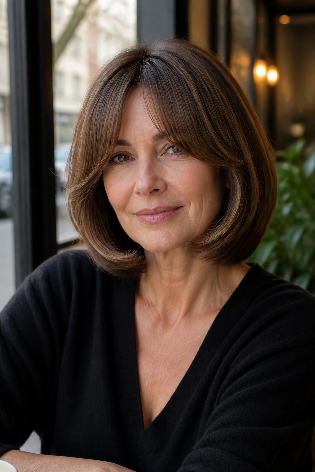Close-up of a real woman with a C-curled lob and curtain fringe, glossy shine and smooth texture