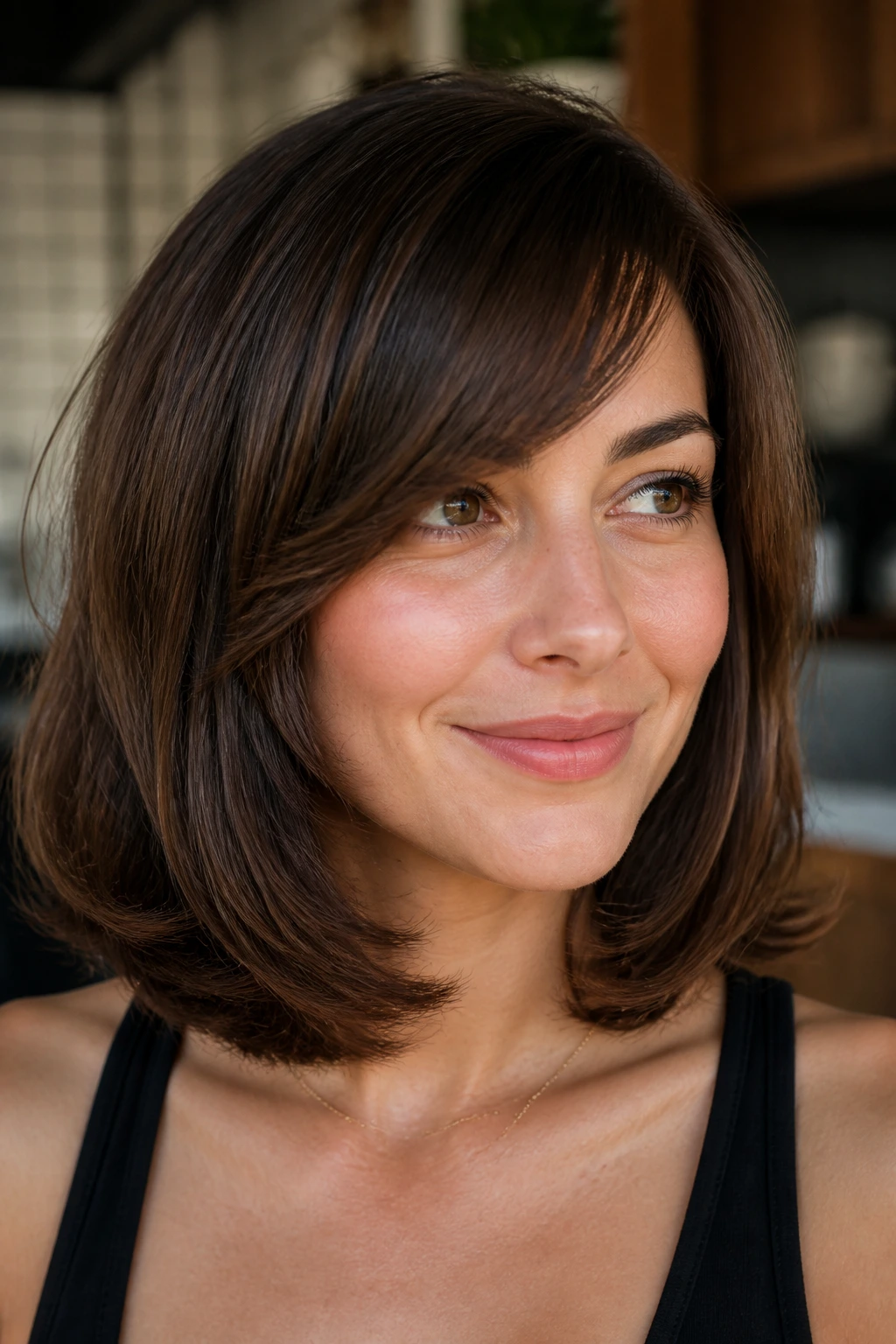 Close-up of a real woman with a bouncy C-Curl lob and side-swept bangs