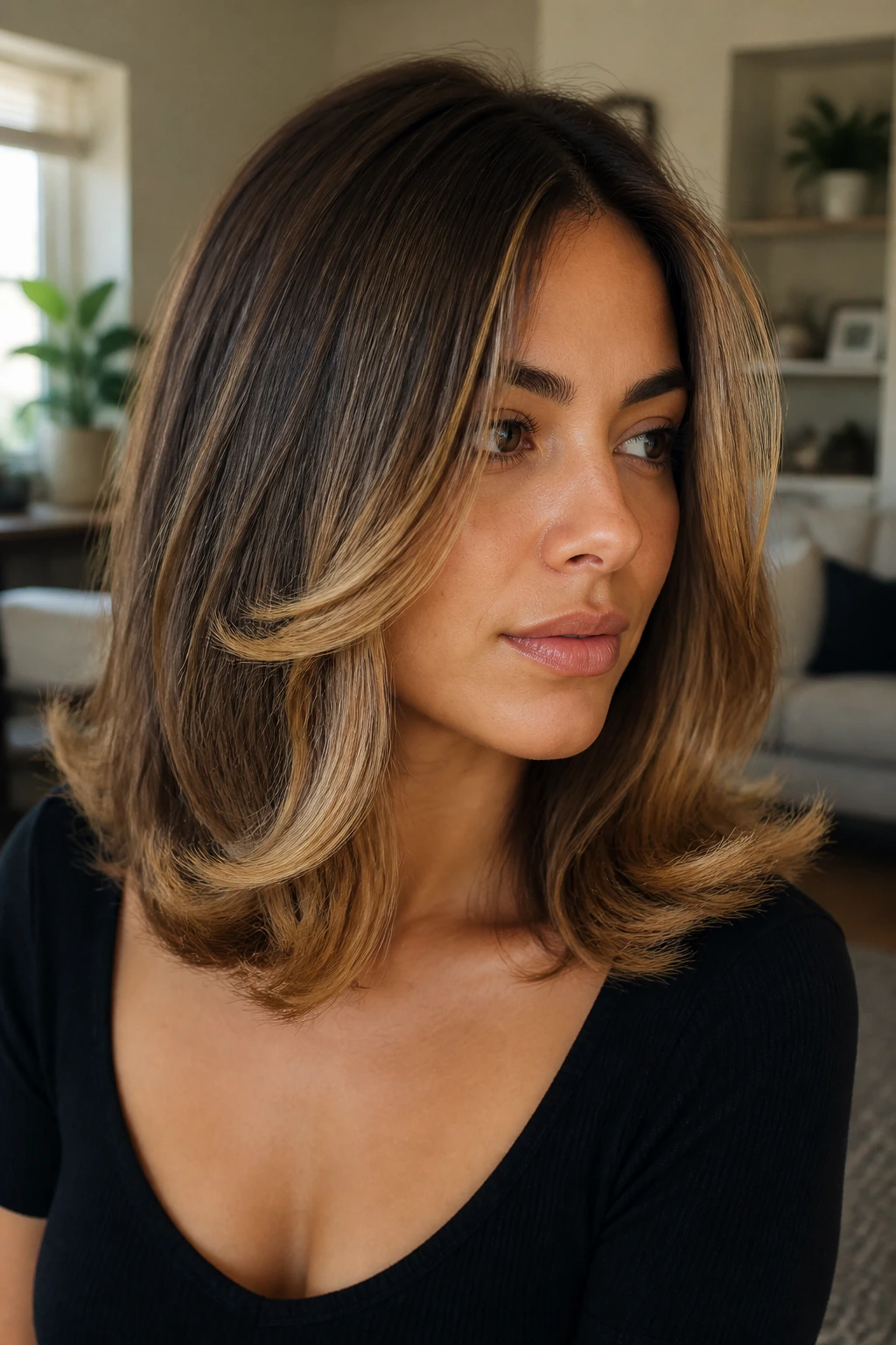 Close-up of a real woman with shoulder-length C-curled hair and sunkissed panels