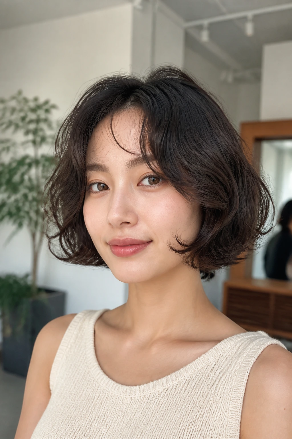 Close-up of a real woman with a C-Curl bob and inward flicks