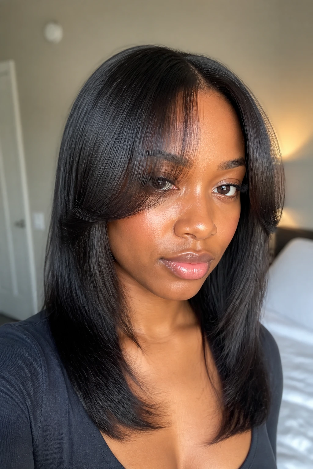 Real woman with C-curve bangs shaped by a flat-iron.