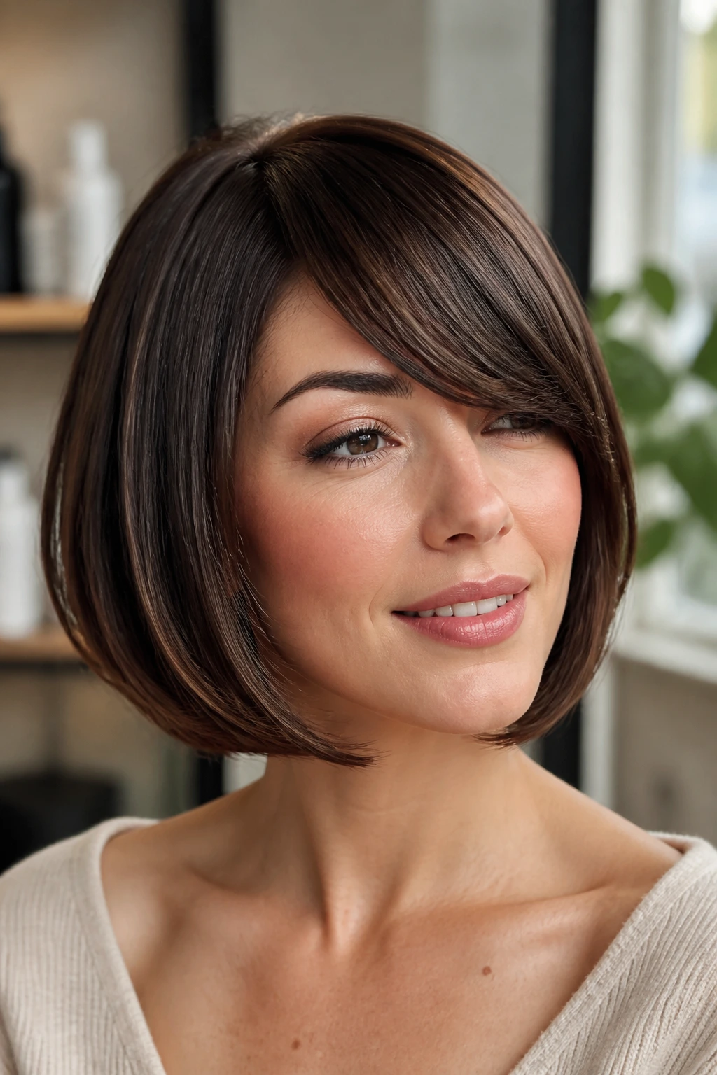 Close-up of a real woman with a C-Curve Bob and side fringe