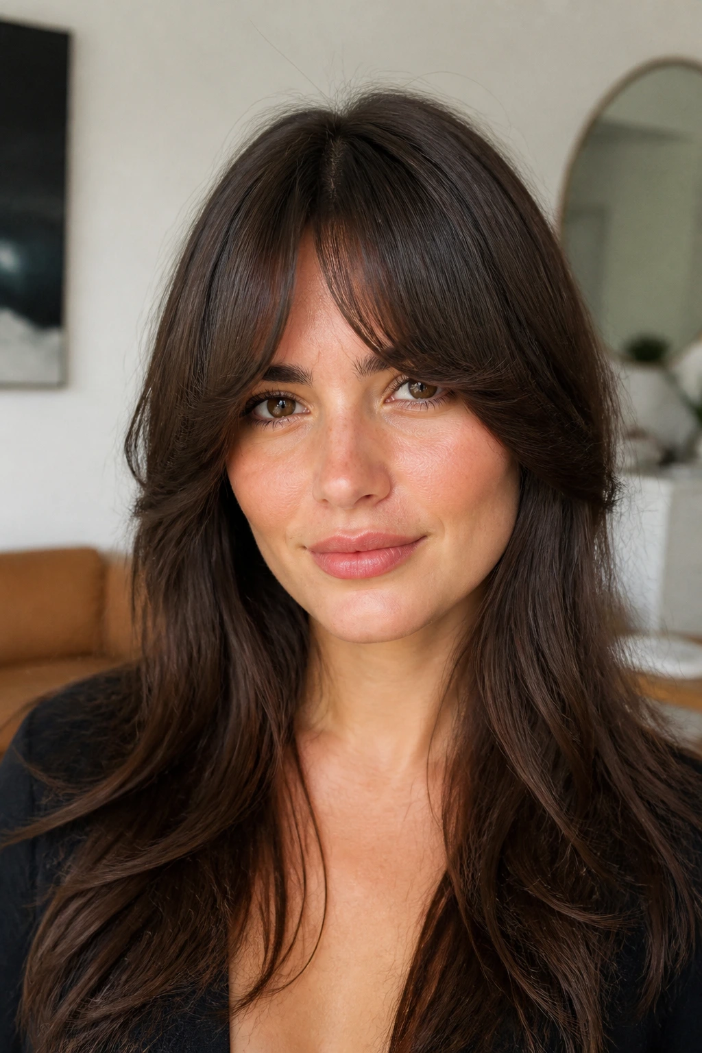 Shoulder-up portrait of a real woman with a soft C-curve fringe in a calm living space