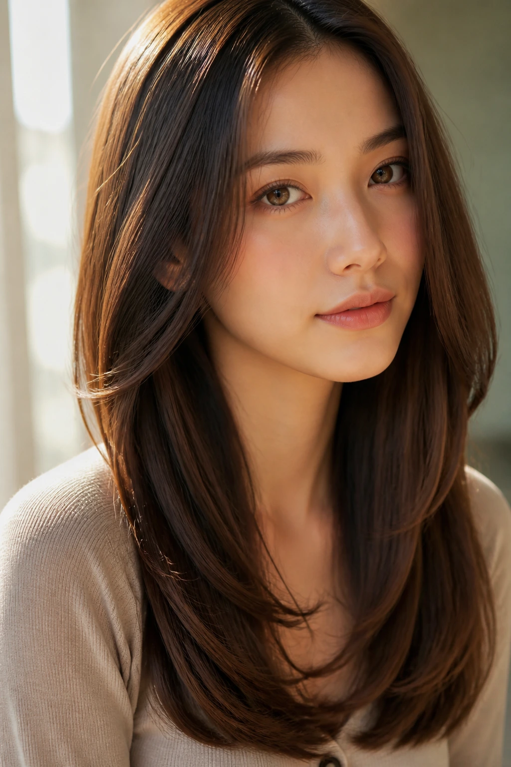 Close-up of a real person with straight long hair featuring inward-curved ends (C-curve) near a window.