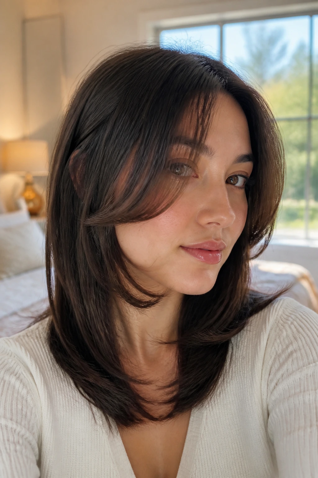 Close-up of a real person with C-curve layers around the cheekbones in soft morning light