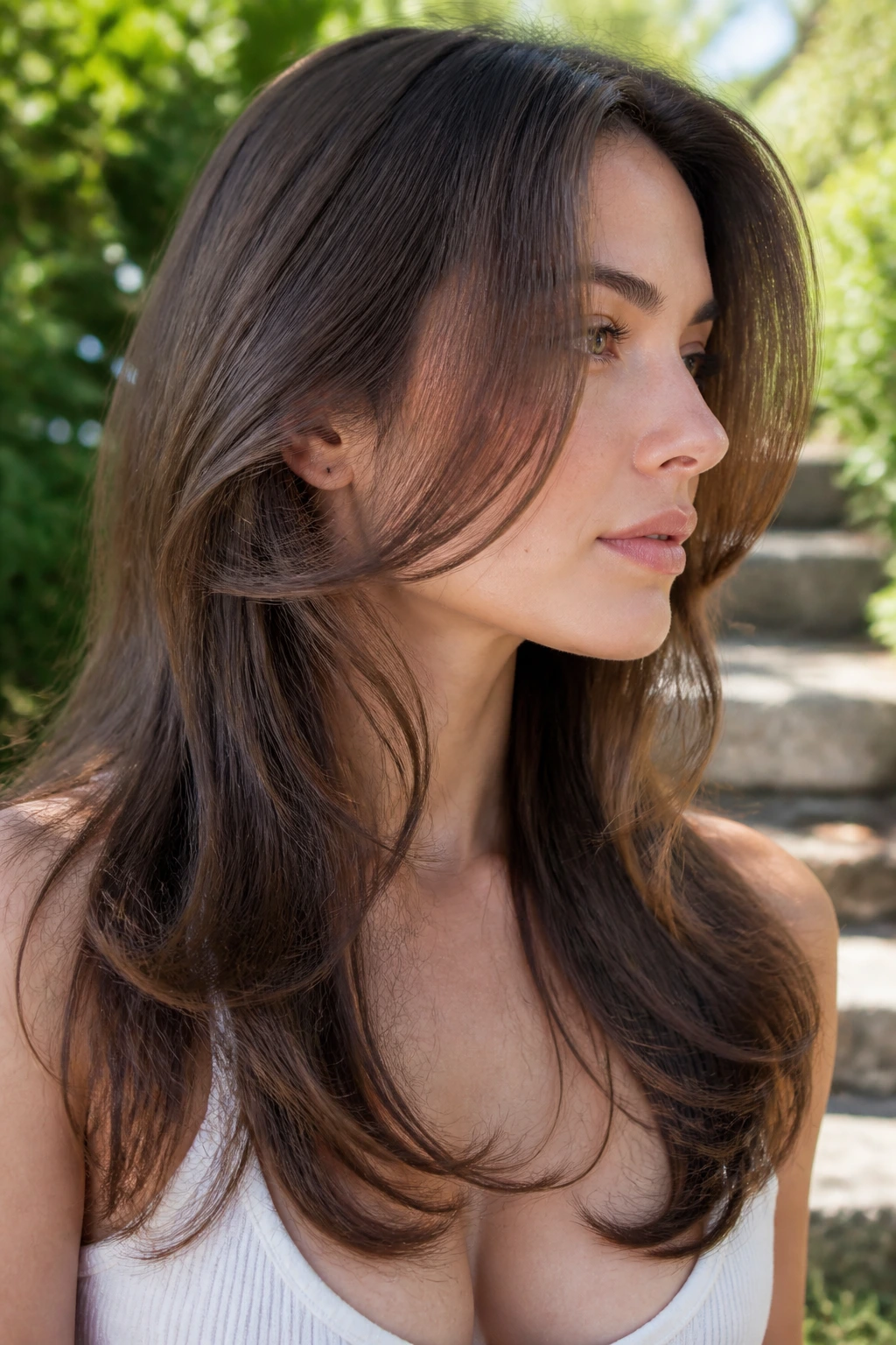 Close-up portrait of a real person with C-curve layers framing the face outdoors