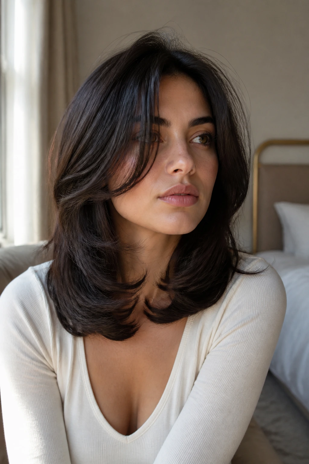 Portrait of a real person with a soft C-curve at mid-length ends in morning light