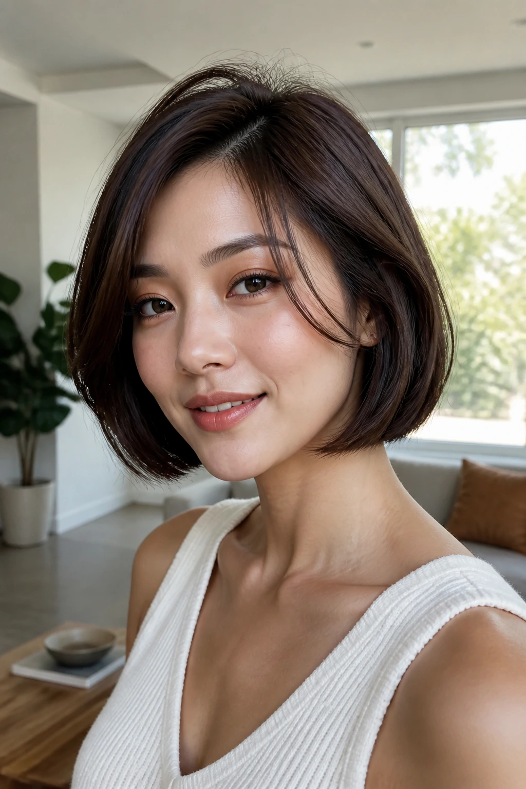 Close-up of a real woman with C-cut bob and cheekbone sweep.
