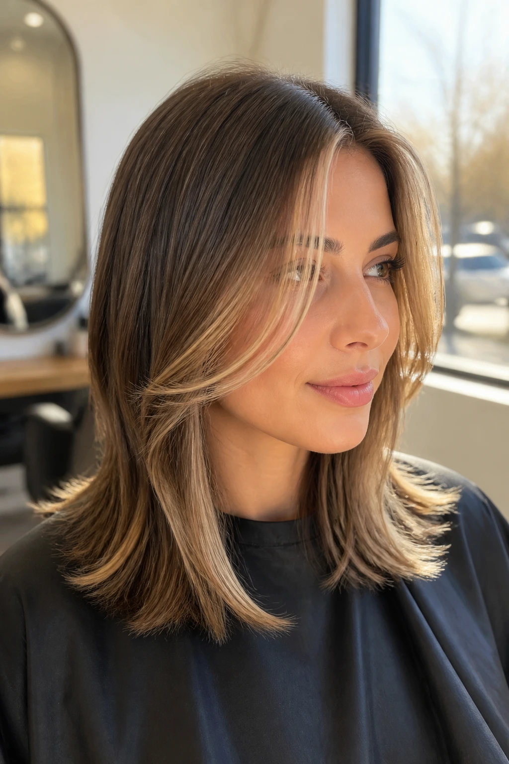 Close-up of a real woman with a C-Cut and long face-framing pieces