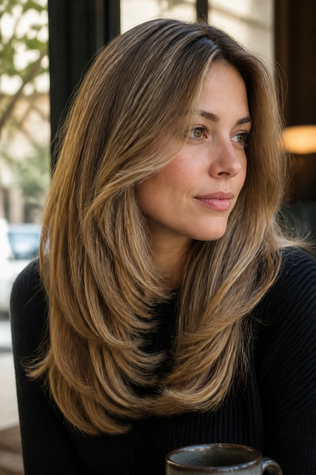 Real woman with C-cut feathering forming a gentle arc around the cheek