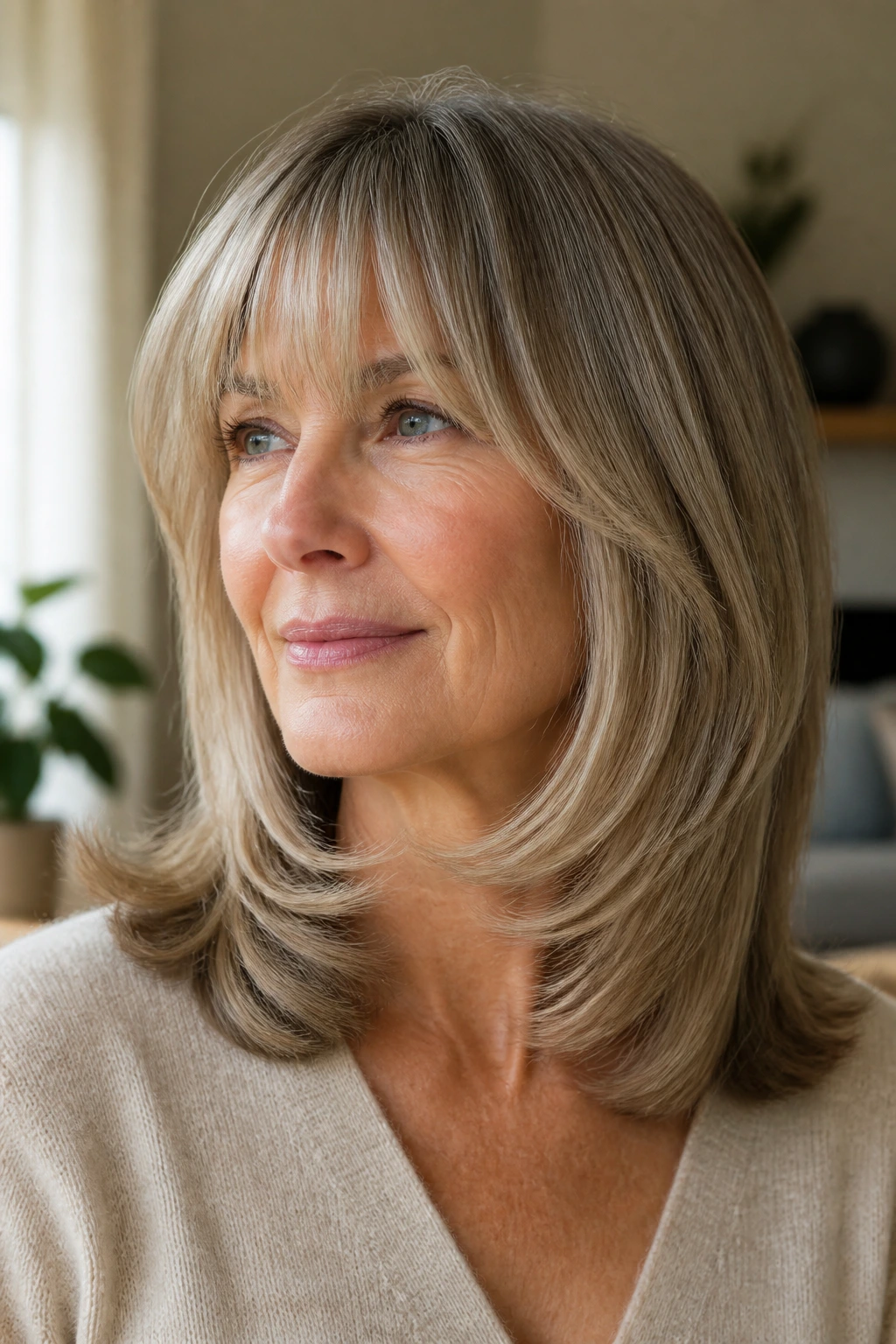 Close-up portrait of a real woman with a C-cut that bends inward at the jawline and curtain bangs