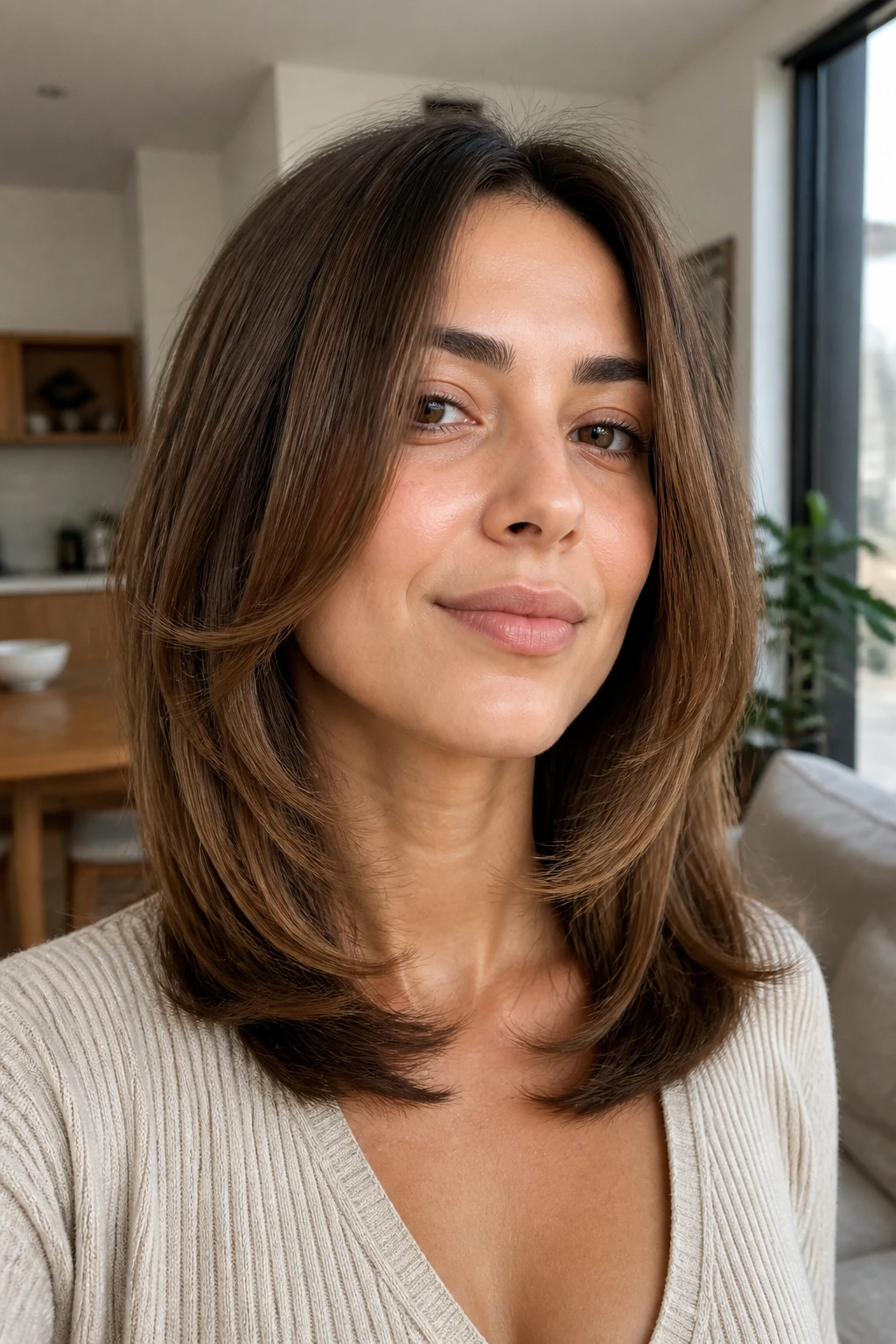 Real woman with a soft C-cut layer curving around the face.