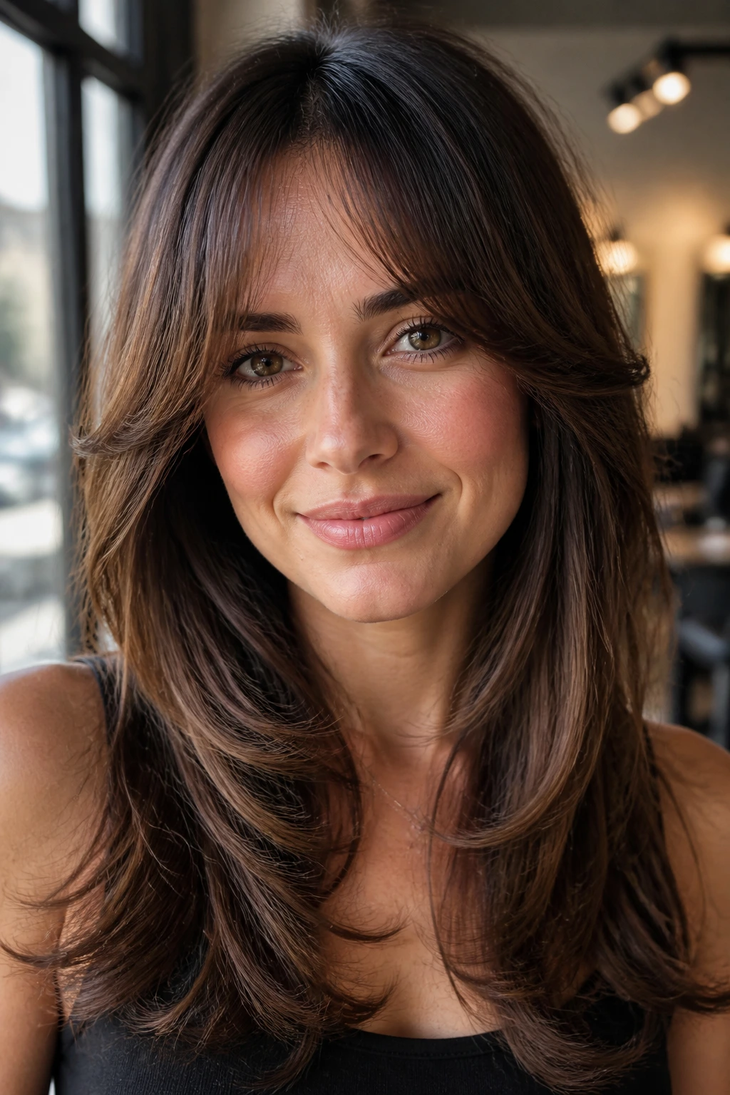 Close-up portrait of a real woman with C-cut layers and center bangs