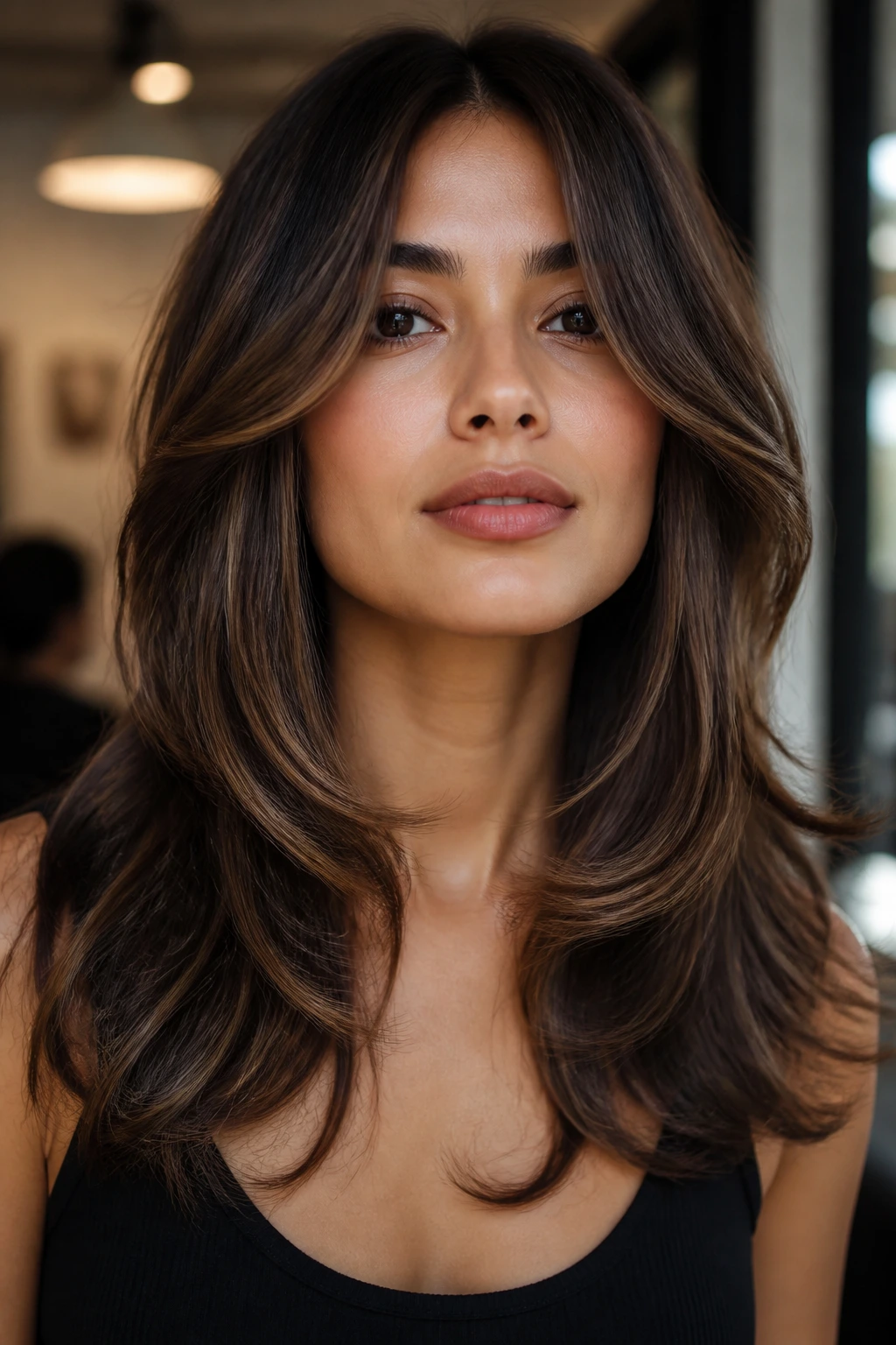 Portrait of a woman with C-cut layers hugging the cheeks and collarbone.