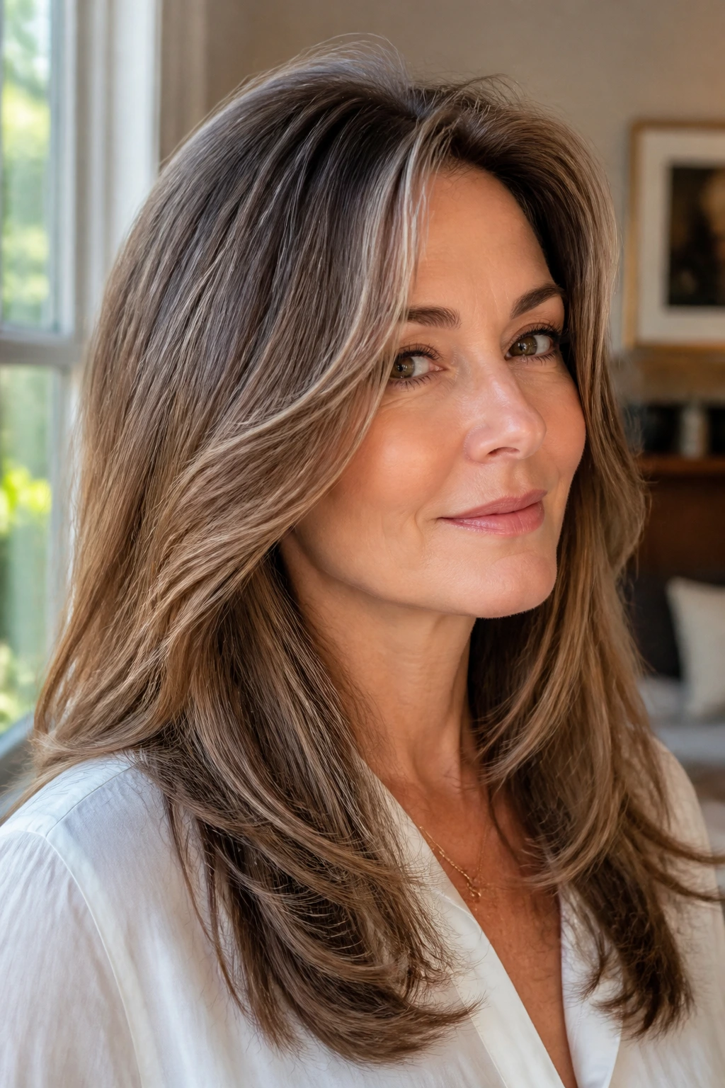 Real woman wearing C-cut layers that curve around the face for flattering frame.