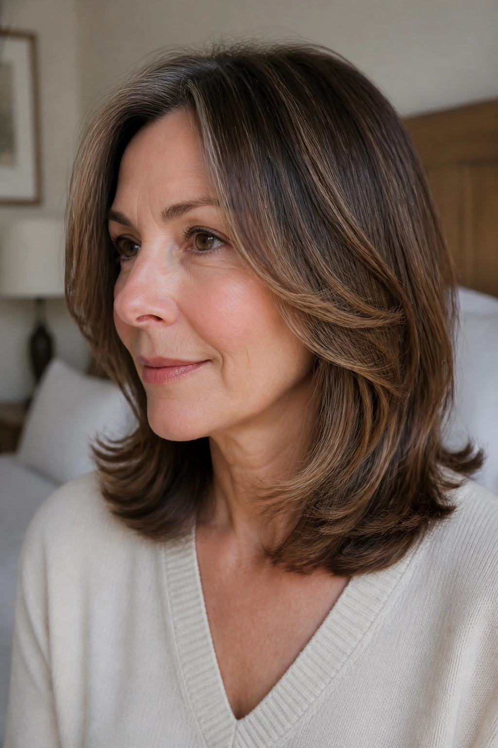 Close-up portrait of a woman with C-cut layers around the face