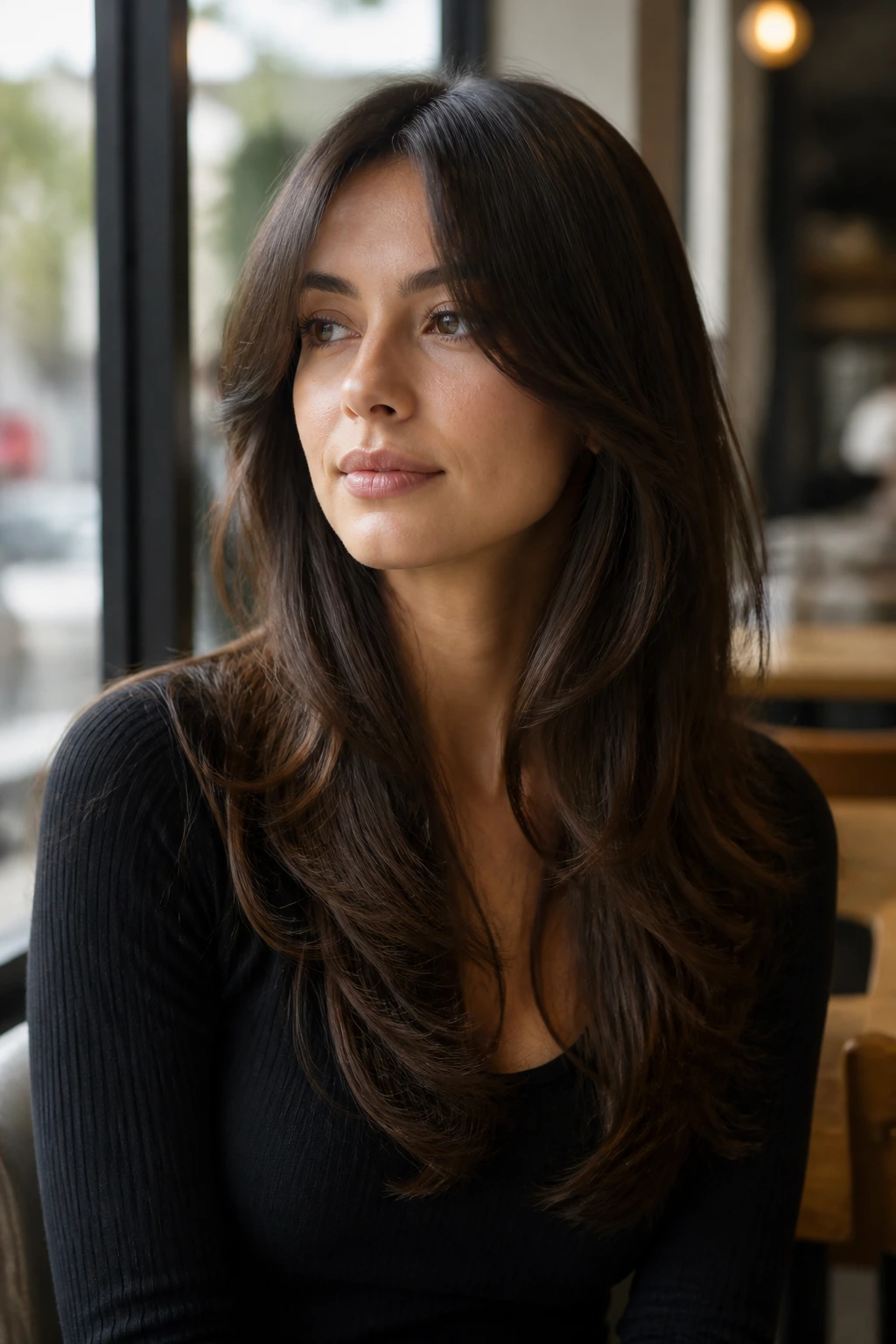 Portrait of a real person with long C-cut layers and center-part fringe