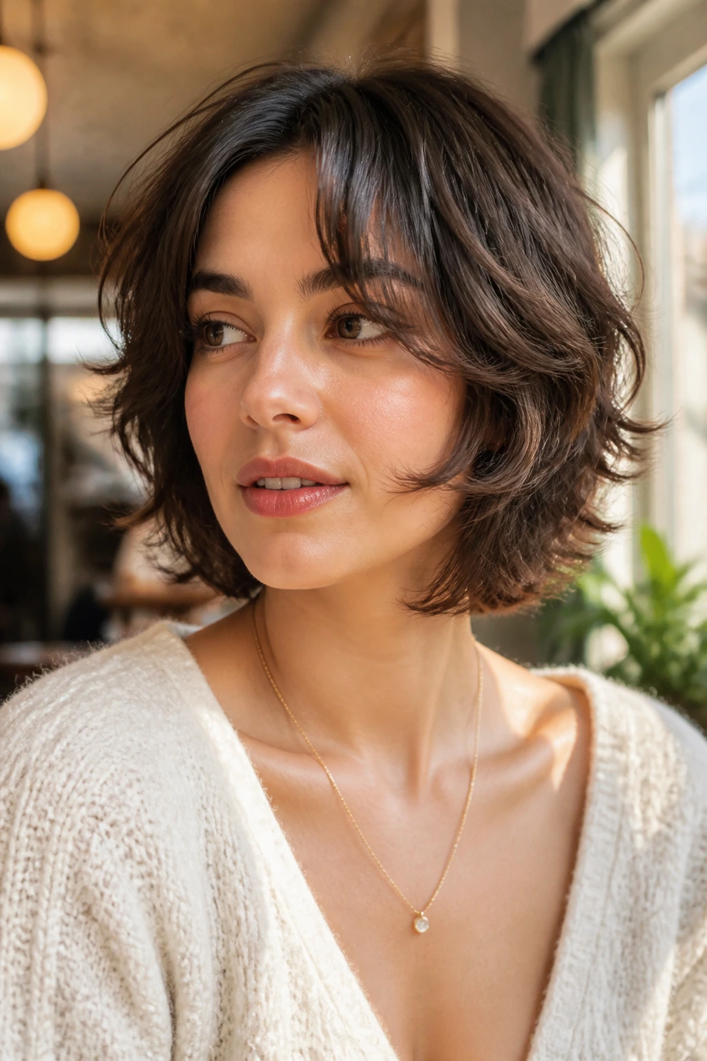 Medium close-up of a real woman with C-cut layers curving around the jawline