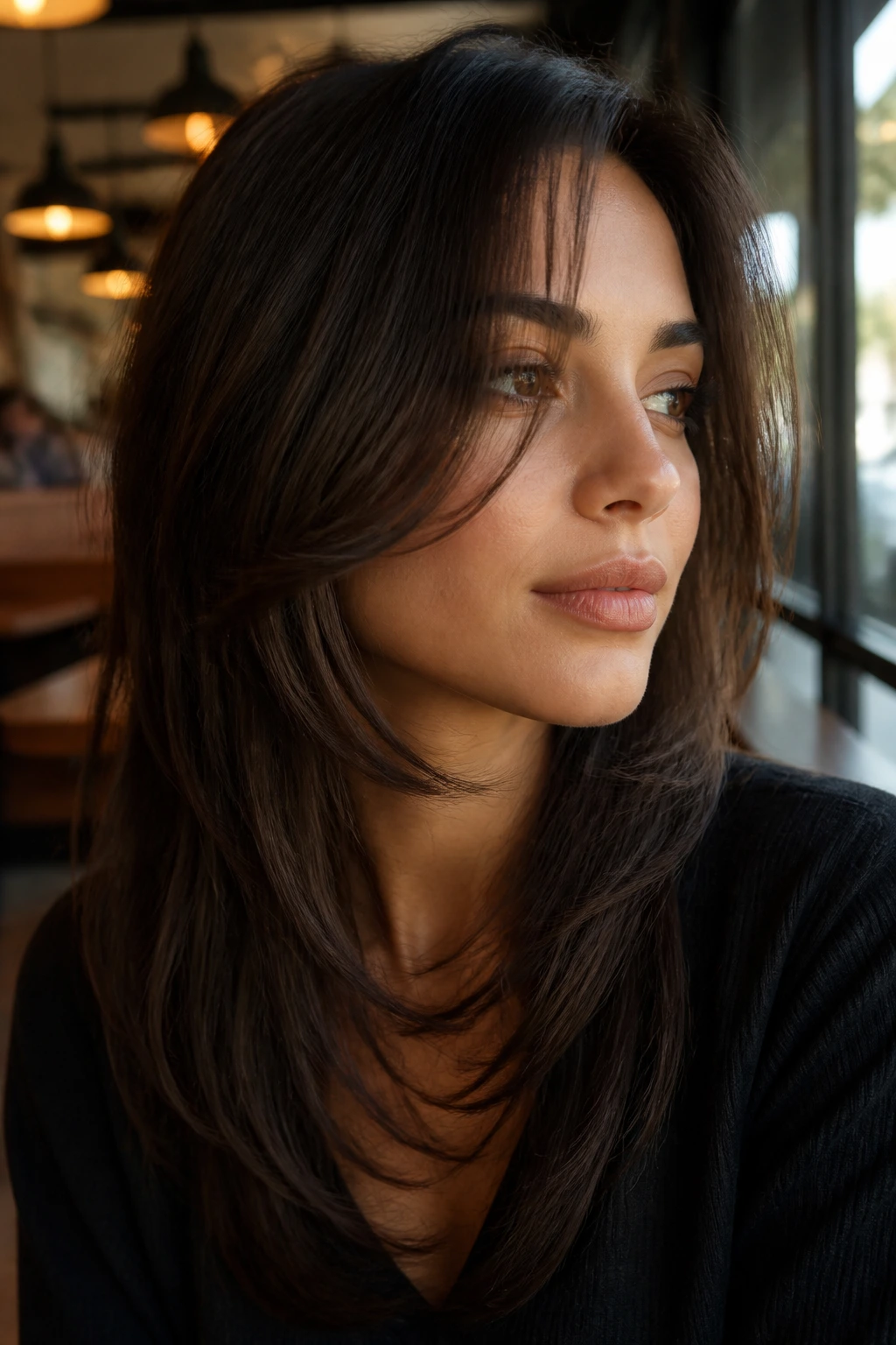 Close-up portrait of a real woman with C-cut layers sweeping past the jaw.
