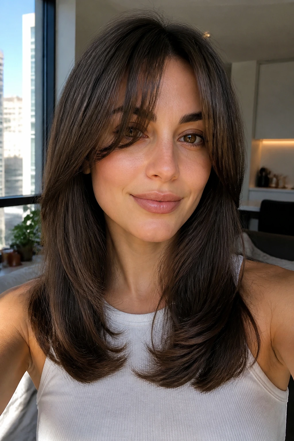 Portrait of a woman with C-cut layers and long curtain bangs in sunlit apartment.
